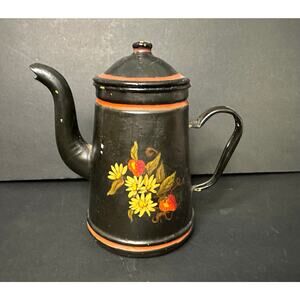 Hand Painted Black Metal Tole Style Coffee Pot w/Berries Strawberry Vintage Era